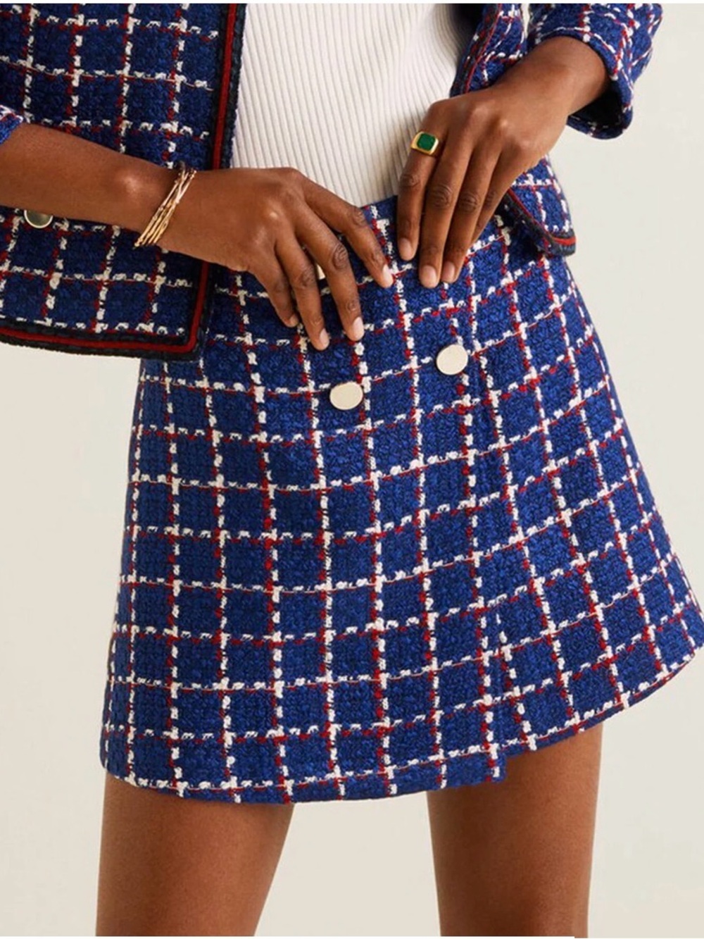 Mango Suit Blue Red White Tweed Plaid Wrap Mini Skirt XS